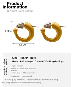 Detail view of 18K gold-plated snake earrings showing dimensions and mixed-tone finish
