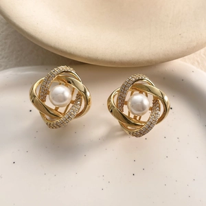 Boucles D'oreilles Spirales En Cuivre Plaqué Or 18K Avec Zircon Et Imitation Künstliche Perle Bijoux Élégants Pour Femmes