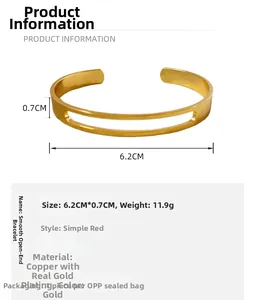 Detailed view of gold plated hollow copper cuff bracelet with precise size measurements