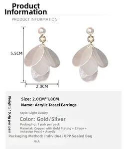 Size details of white petal tassel earrings with gold-plated finish and pearls
