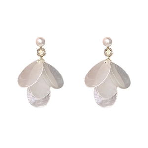 White shell petal tassel earrings with pearls and crystals for summer vacation style