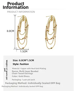 Detail specifications of 8.0cm long multi-layer beaded gold chain tassel earrings