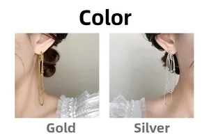 Detail showing multi-layer tassel drop earrings with delicate beads in gold and silver finish