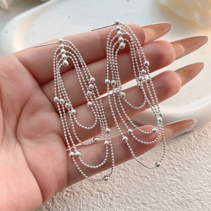 S925 sterling silver multi-layer tassel drop earrings with tiered bead chain design