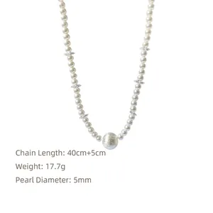 Detail of beaded pearl necklace showing 40+5cm length, 17.7g weight and 5mm diameter