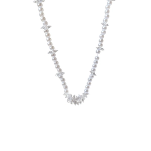 Baroque beaded necklace with white pearls and sparkling marquise crystal pendant charms