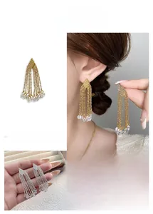 Detailed macro view of long copper tassel drop earrings with sparkling zircon gemstones