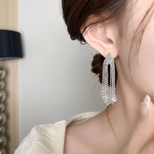 Elegant long tassel earrings with silver bead chains and sparkling zircon stones for women