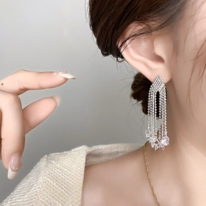 Detailed view of long cascading tassel earrings with sparkling zircons and silver chain