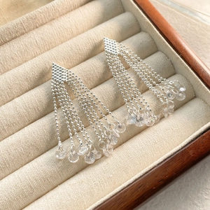 Macro shot of silver tassel earrings with crystal beads in a velvet jewelry box