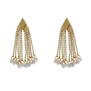 Golden tassel drop earrings with delicate ball chains and sparkling zircon accents