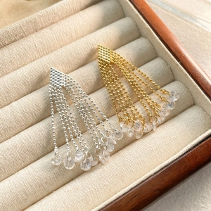 Copper Zircon Tassel Earrings Real Gold Plated Long Ball Chain Dangle Jewelry For Women