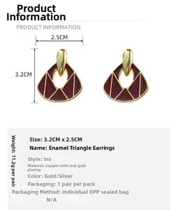 Detailed size specifications for vintage red enamel triangular earrings with gold plating
