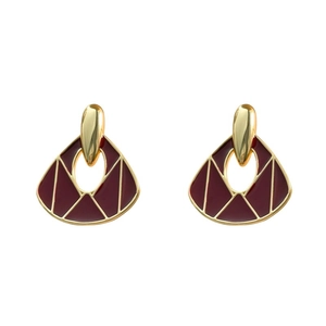 Vintage gold geometric earrings with dark red enamel and hollow center design