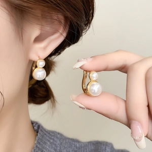 French vintage gold plated pearl hoop earrings for women with elegant double pearl design