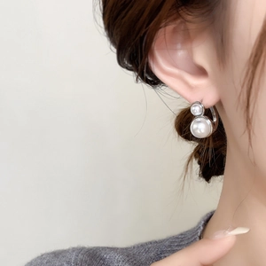 French vintage double pearl gold earrings for women with elegant vertical drop design