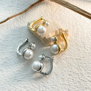 French Retro Double Artificial Pearl Hoop Earrings Copper Gold Plated Elegant Minimalist Dainty Jewelry For Women