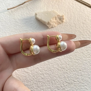 French vintage gold plated pearl drop earrings with double pearls and U-shaped clasp