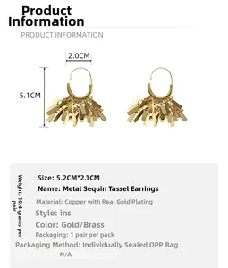 Detailed size specifications for gold plated sequin fringe earrings with dimensions
