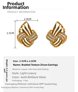 Detail specifications of golden rhombus woven earrings with zircon, size 2.5cm by 2.0cm