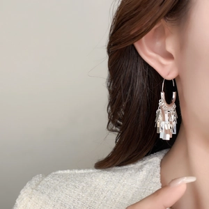 Elegant silver tassel earrings with tiered metal pendants worn by a model on a soft background