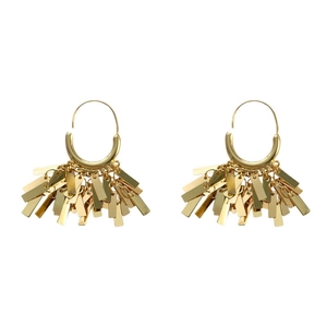 Polished gold metal tassel earrings with dangling rectangular strips on white background