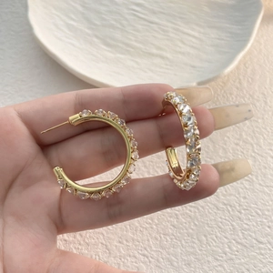 Elegant gold-plated S925 silver C-shape hoop earrings with micro-pave crystals for women