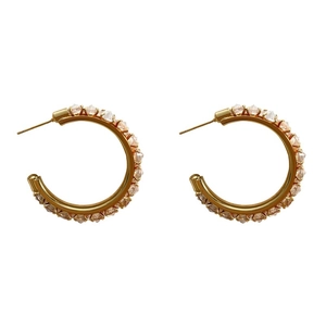 Elegant gold hoop earrings with micro-paved sparkling crystals on a minimalist design
