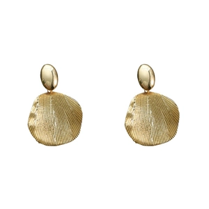 Minimalist gold dangle earrings with oval studs and pleated round textured pendants