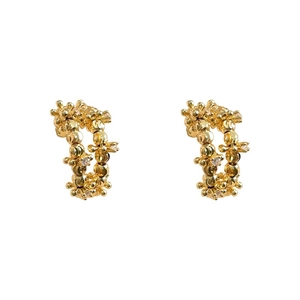 Elegant gold-plated C-shaped earrings with irregular textured beads and sparkling crystals