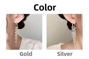 Detail of luxury rhinestone tassel earrings shown in gold and silver color options