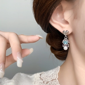 Elegant heart-shaped drop earrings with blue crystal and white pearl in a sweet style