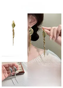 Detailed close-up of vintage wheat ear tassel earrings with long leaf chain design