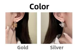 Detailed comparison of gold and silver double-layered bow earrings with zircon butterfly charms