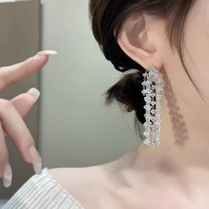 Elegant long crystal tassel earrings with sparkling diamond-shaped zircon for women