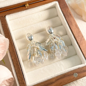 Gros plan de boucles d'oreilles feuilles en argent et cristaux de zircon en écrin