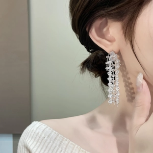 Detail of silver long tassel earrings with sparkling rhinestones worn by a model