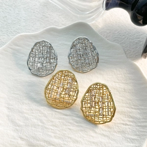 Irregular Oval Hollow Mesh Stud Earrings 18K Gold Plated Copper Zircon Niche Luxury With Silver Earring Post