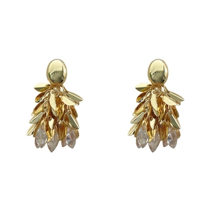 Élégantes boucles d'oreilles feuilles dorées 18K avec franges et cristaux zircon