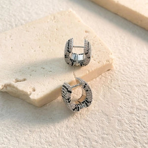 Macro view of zebra-patterned micro-pave earrings on natural stone for luxury style