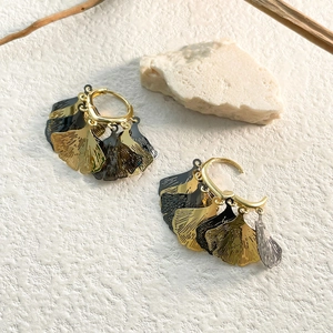 Vintage Layered Ginkgo Leaf Hoop Earrings For Women Copper 18K Gold Plated Hollow Fan Two Tone Retro Unique