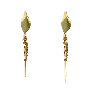 Vintage gold wheat ear tassel drop earrings with matte leaf design and snake chains