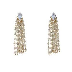 Elegant long crystal tassel drop earrings with rhombus zircon for weddings and galas