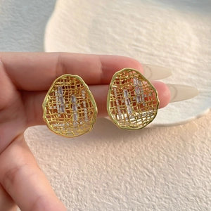 18k gold plated hollow lattice oval stud earrings with glittering zircon stones