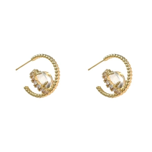 Exquisite 18K gold plated C-shaped stud earrings with white gem and zircon accents