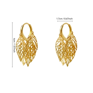 Detail view of gold leaf drop earrings with dimensions of 4cm height and 1.7cm width