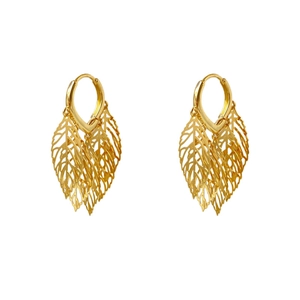 Elegant gold-tone hollow leaf dangle earrings with intricate natural vein patterns