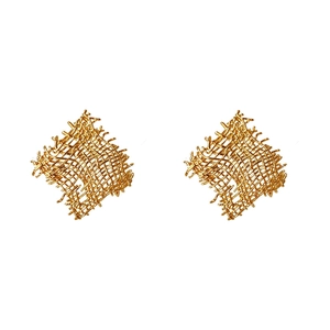 Retro golden woven square earrings with intricate metallic bird nest texture design