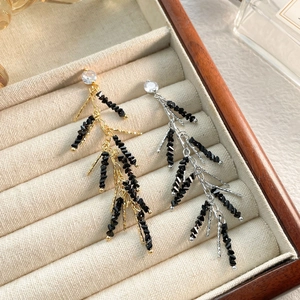 Long Tassel Branch Drop Earrings Zircon Black Beads 18K Gold Plated Copper Earring Post Retro French Style For Women