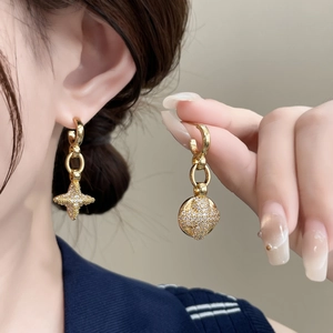 Asymmetric gold moon and star drop earrings with micro-pave zircons for women